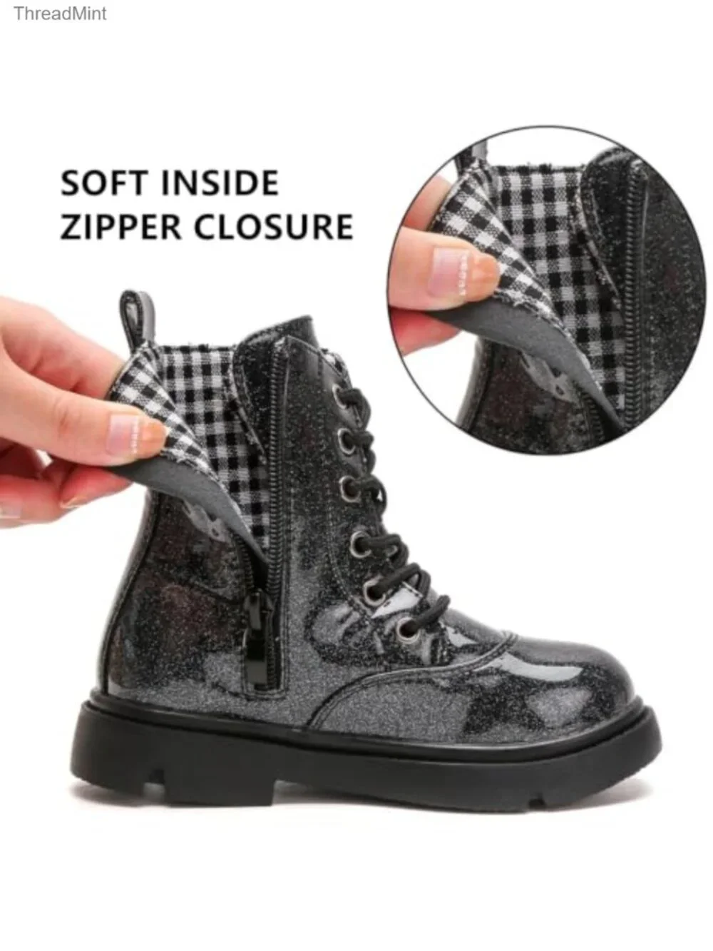 Waterproof Faux Leather Combat Boots with Side Zipper for Toddler Little Kid
